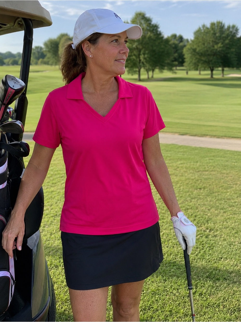 Lady Hagen Women's V-Neck Polo Tee in Hot Pink